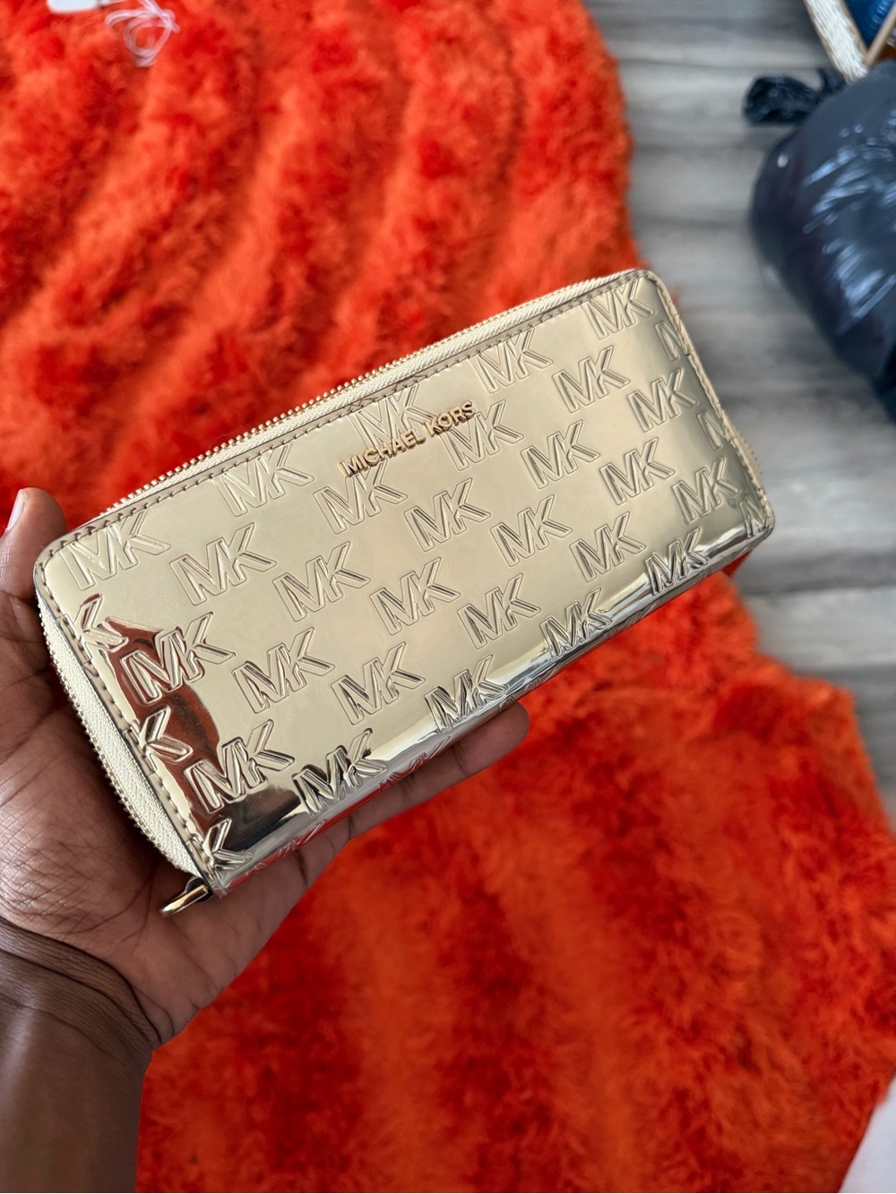 Michael Kors Metallic Gold Embossed MK Zip-Around Wallet